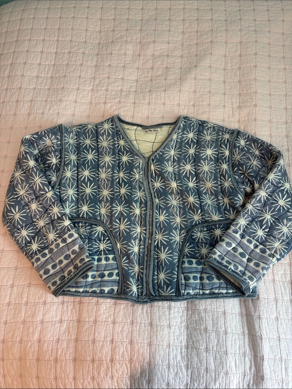 Free People Blue and Cream Star-Patterned Crewneck Sweater